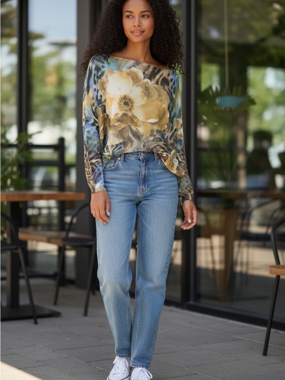 Floral & Animal Print Lightweight Sweater in Gold, Blue, Green